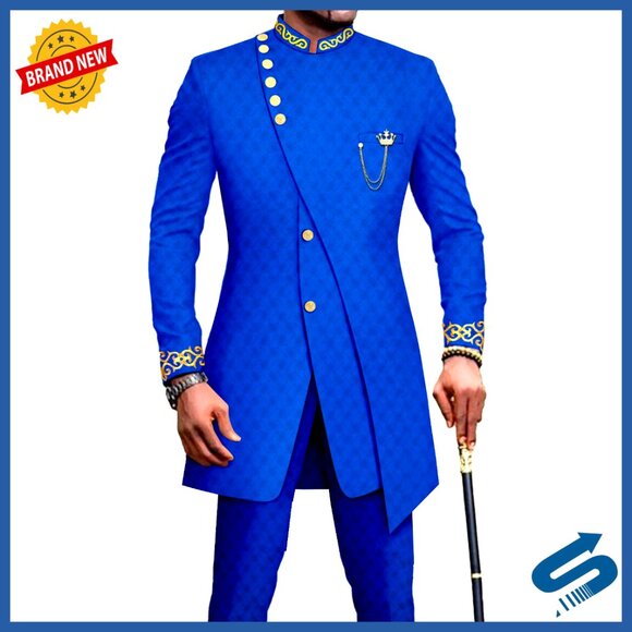 Men's Slim Fit Double Breasted Blazer Pants Set African Dashiki Suit